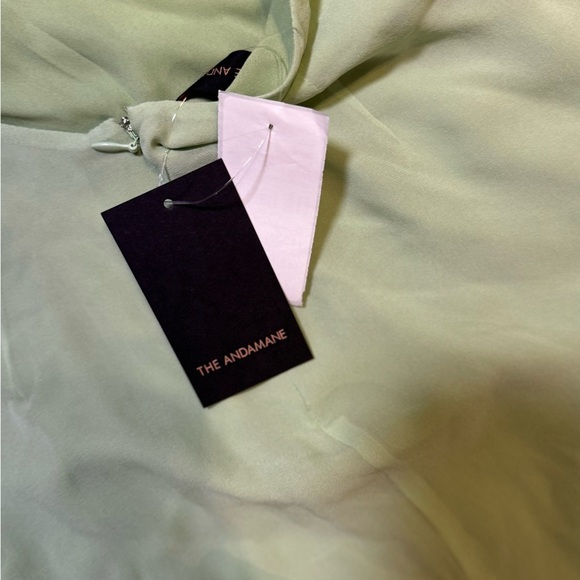 💚👗THE ANDAMANE Chiffon Silk Asymmetric Halter Dress Green NWT✨🌿 - Picture 6 of 7